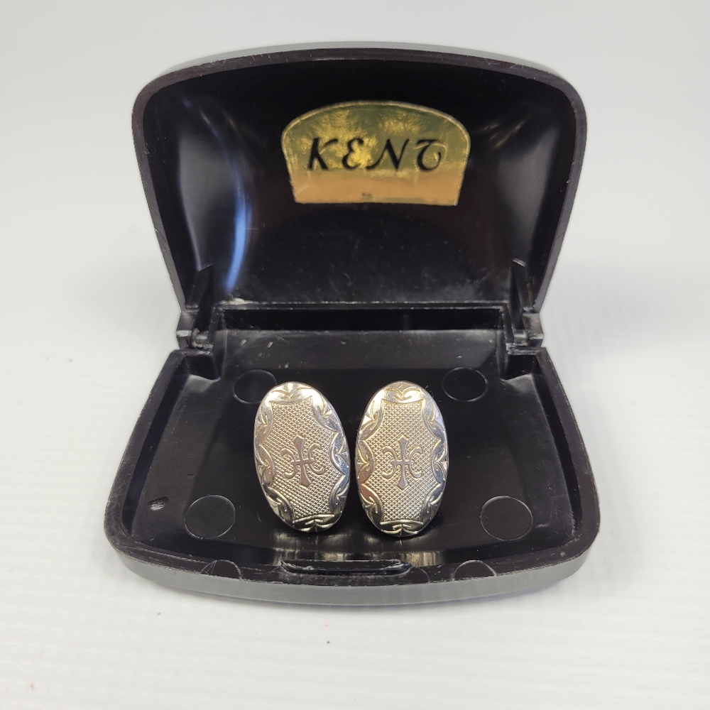 Vintage KENT Men's Cufflinks Silver Tone Fleur de Lis Textured Oval